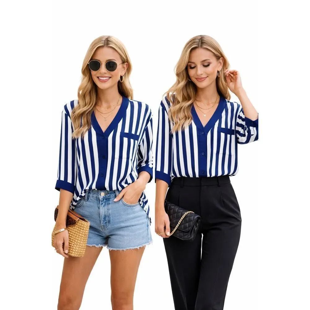 Cacique Satin Striped Button Front Blouse Blue White Oversized Small Silky Top
